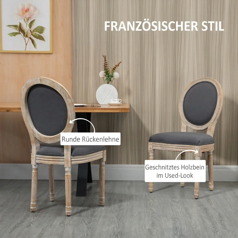 HOMCOM Esszimmerstühle 2er Set Küchenstuhl mit Rückenlehne, Linenoptik, Sessel Polsterstuhl, Stühle, Wohnzimmerstuhl mit Holzbeine für Esstisch, Grau+Natur