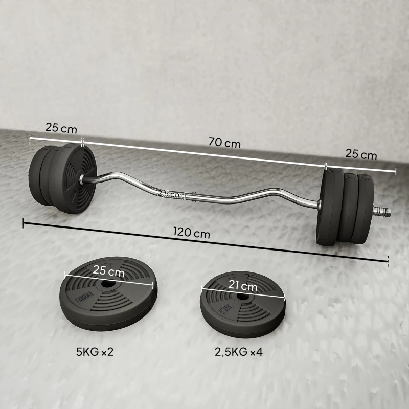 SPORTNOW Langhantel Set 25kg Rutschfeste Curlstange mit 6 Gewichten, PVC-Beschichtung, Hantelstange aus Stahl