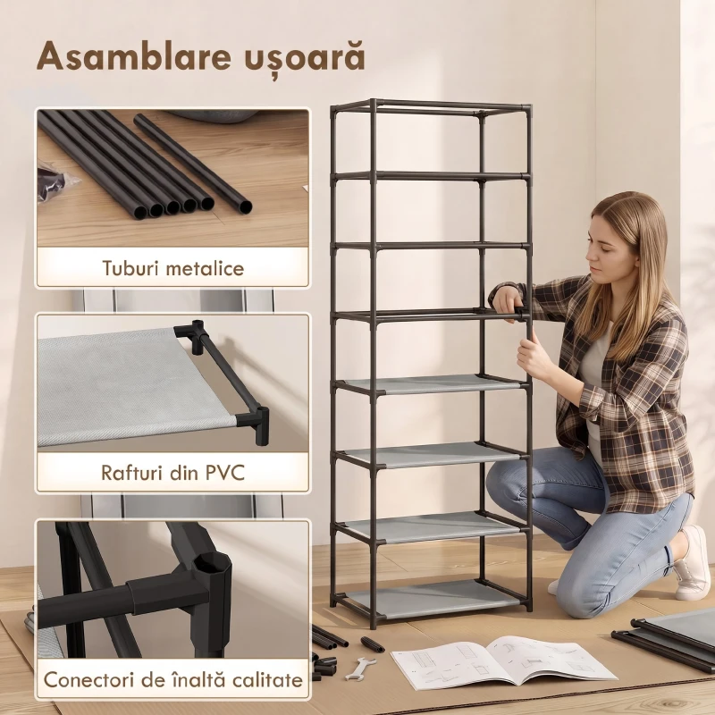 HOMCOM Pantofar cu 7 rafturi din oțel, cu husă din material nețesut, 60 x 30 x 126 cm, gri
