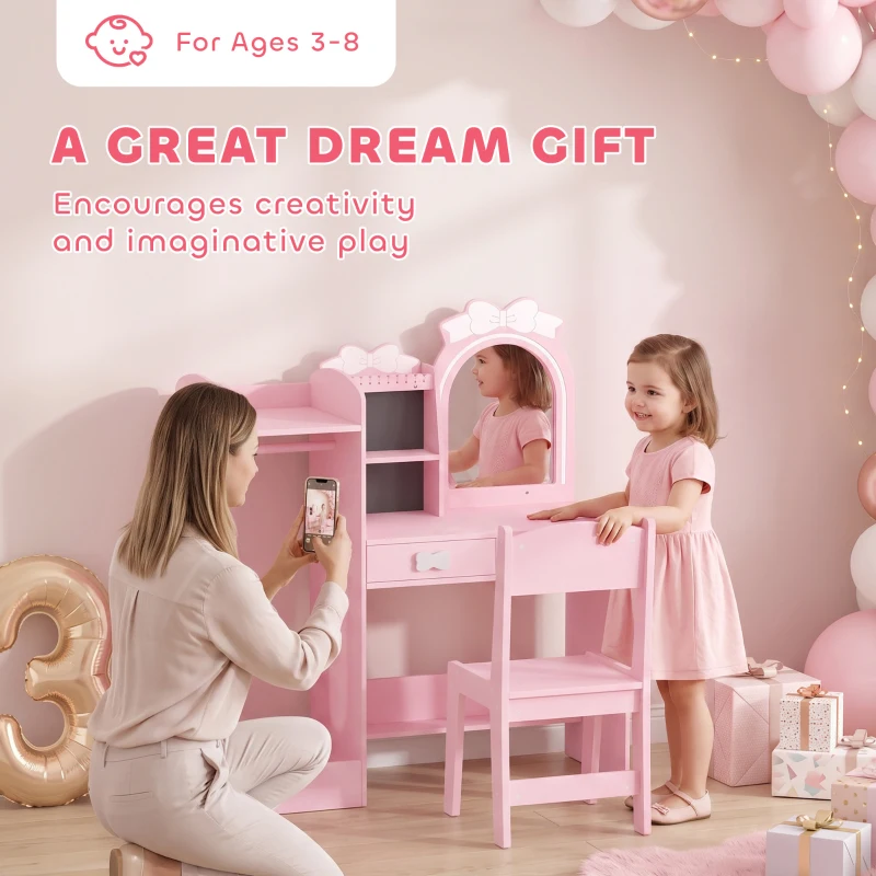 AIYAPLAY Coiffeuse pour Enfants avec Tabouret et Miroir Lumineux à 2 Couleurs en Acrylique, Coiffeuse Bureau Fille 3-8 Ans, Rose