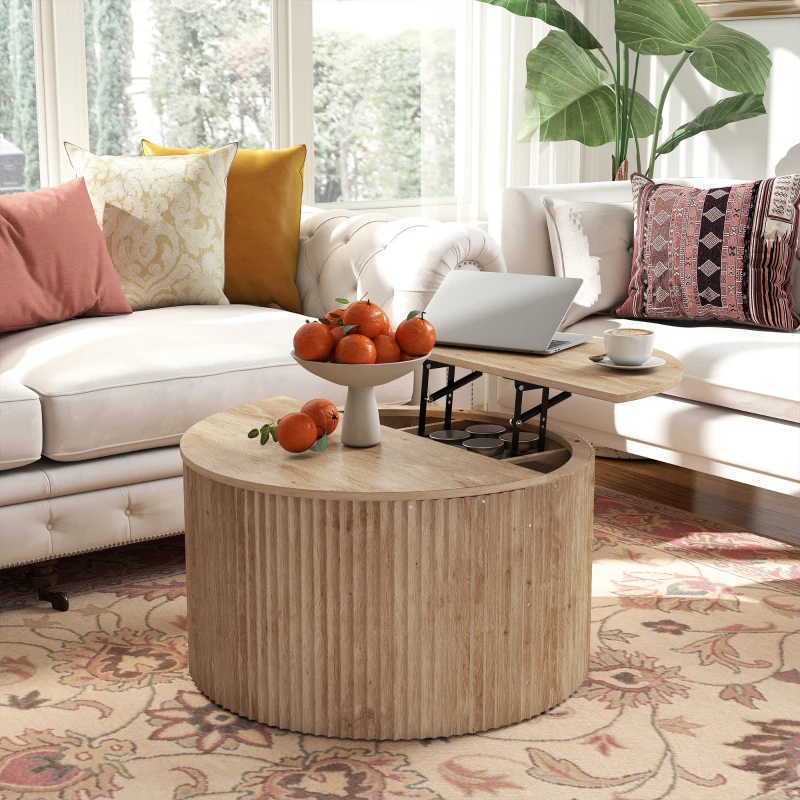 HOMCOM Table basse relevable, table de salon avec compartiment caché et plateau à fermeture douce, bois naturel