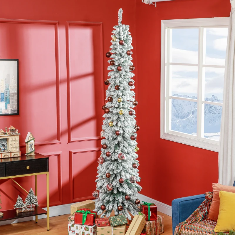 HOMCOM Schmaler verschneiter Weihnachtsbaum 240 cm mit 603 Zweigen und klappbarem Metallständer für Wohnzimmer Innenbereich Grün