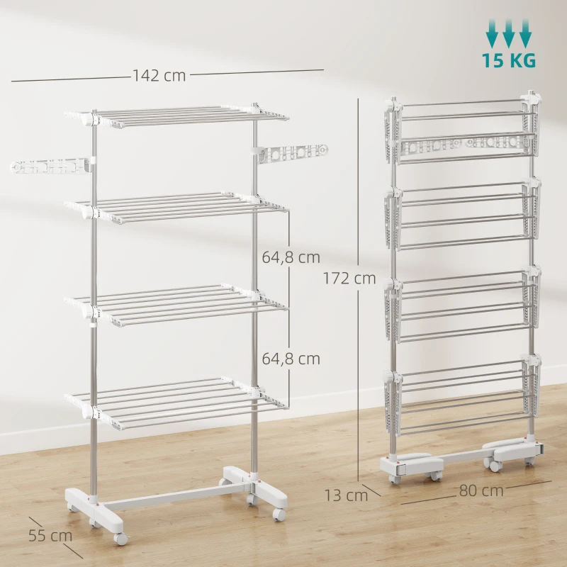 HOMCOM Mobiler Wäscheständer mit Rollen, 4 Ebenen, klappbar, Edelstahl, rostfrei, weiß+silber, 142 x 55 x 172 cm