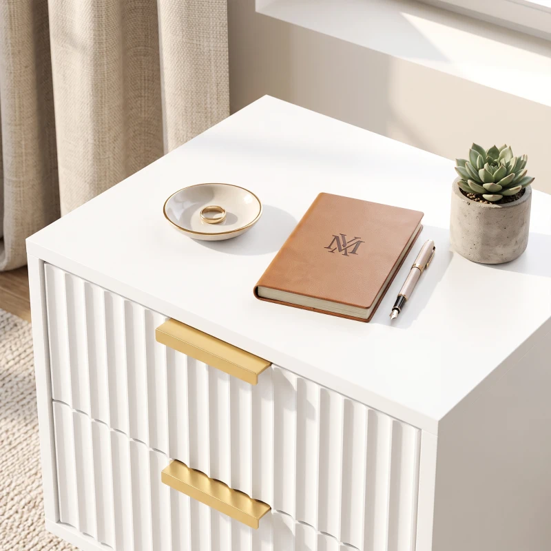 HOMCOM Mesa de Cabeceira Canelada com 2 Gavetas e Pés em Aço para Quarto e Sala Branco