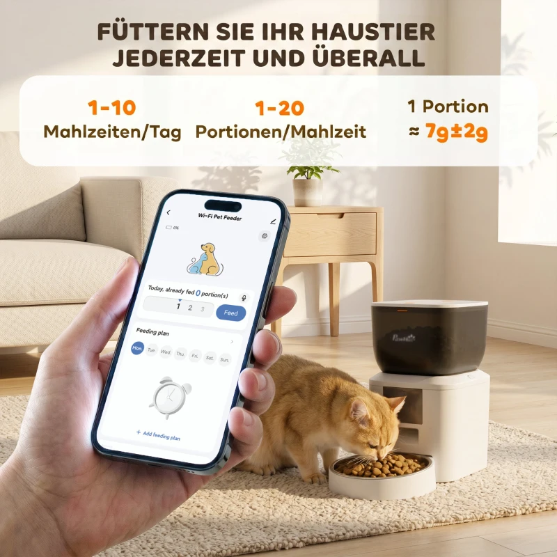 PawHut Automatischer Katzenfutterautomat, 2,4G WLAN, 4L, App-Steuerung, 1–10 Mahlzeiten, 10s Futterruf