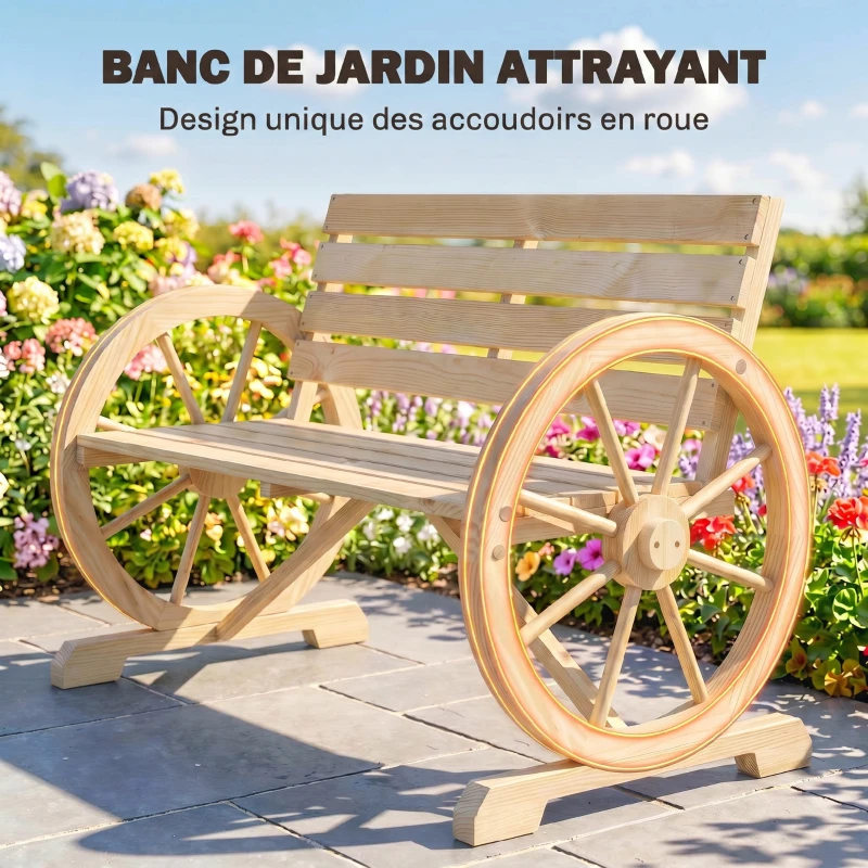Outsunny Banc de Jardin banc 3 places en bois Style Rustique Chic accoudoirs Roues Charette Bois Sapin effet bois naturel