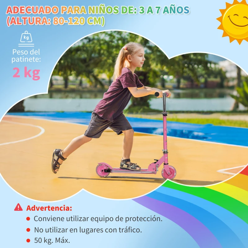 HOMCOM Patinete Infantil Plegable con Luces Música Altura Ajustable Ruedas Brillantes Pedal LED Carga 50kg 67x32x65-78cm Rosa