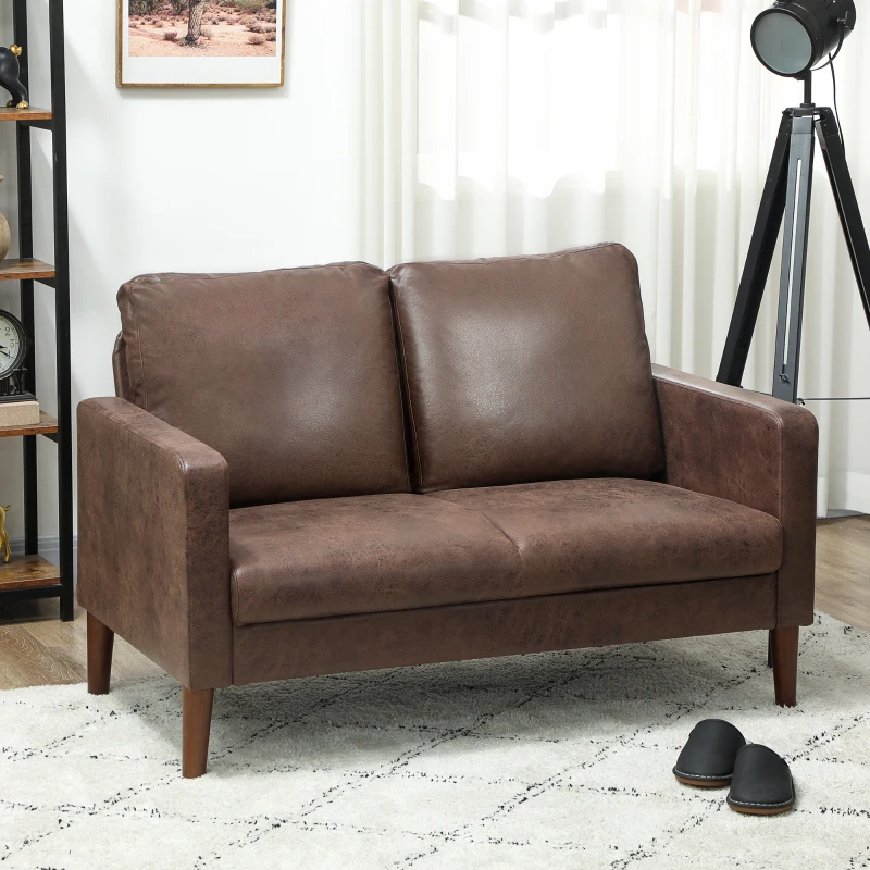 HOMCOM Canapea modernă cu 2 locuri, tapițerie din material textil cu aspect de piele respirabilă și picioare din lemn, 130x78x85 cm, maro închis