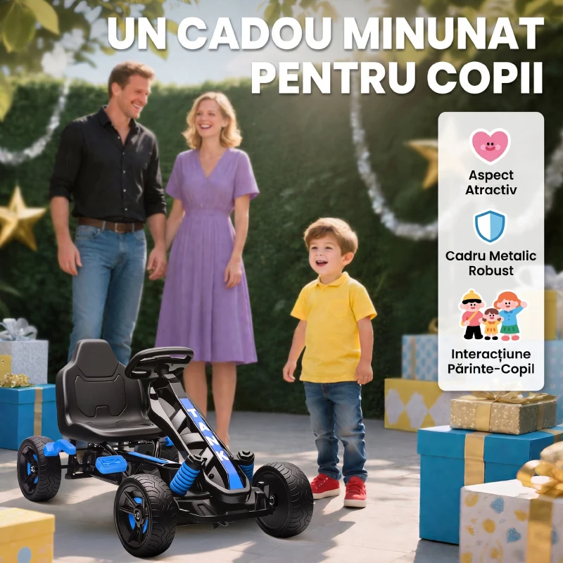 AIYAPLAY Kart cu pedale pentru copii 3-6 ani, max. 50 kg, cu suport pentru pahar și roți EVA antiderapante, albastru