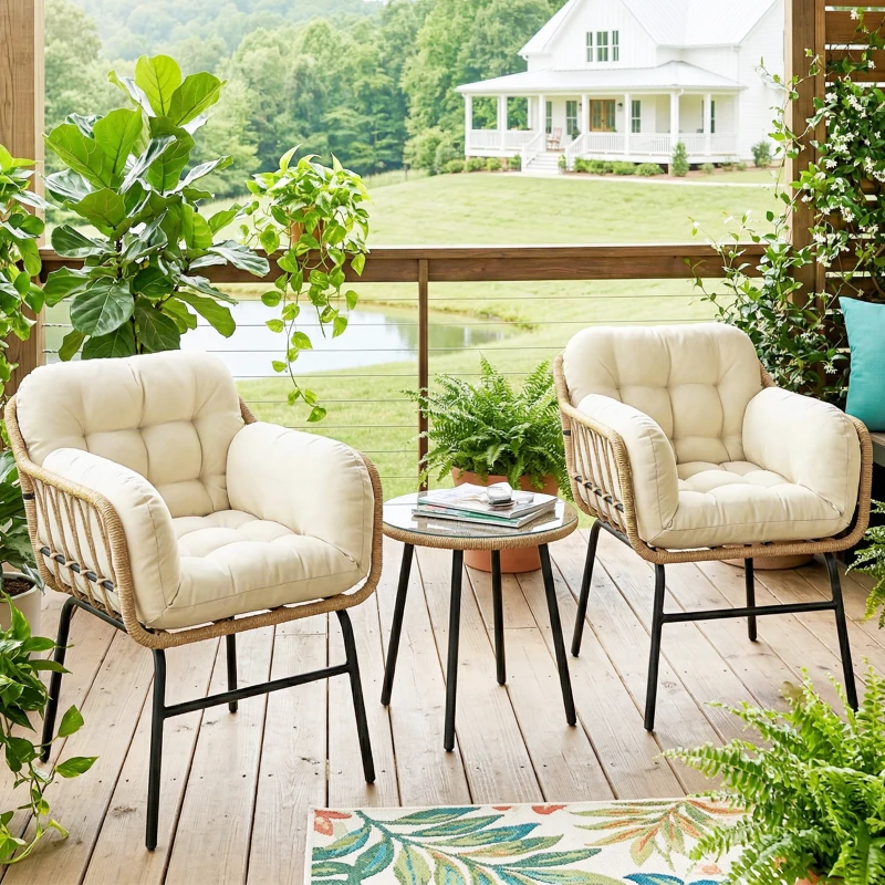 Outsunny Salon de Jardin Extérieur 3 Pièces en Résine Tressée, Table en Verre Trempé, 2 Fauteuils avec Coussins, 62x73x79cm, Crème