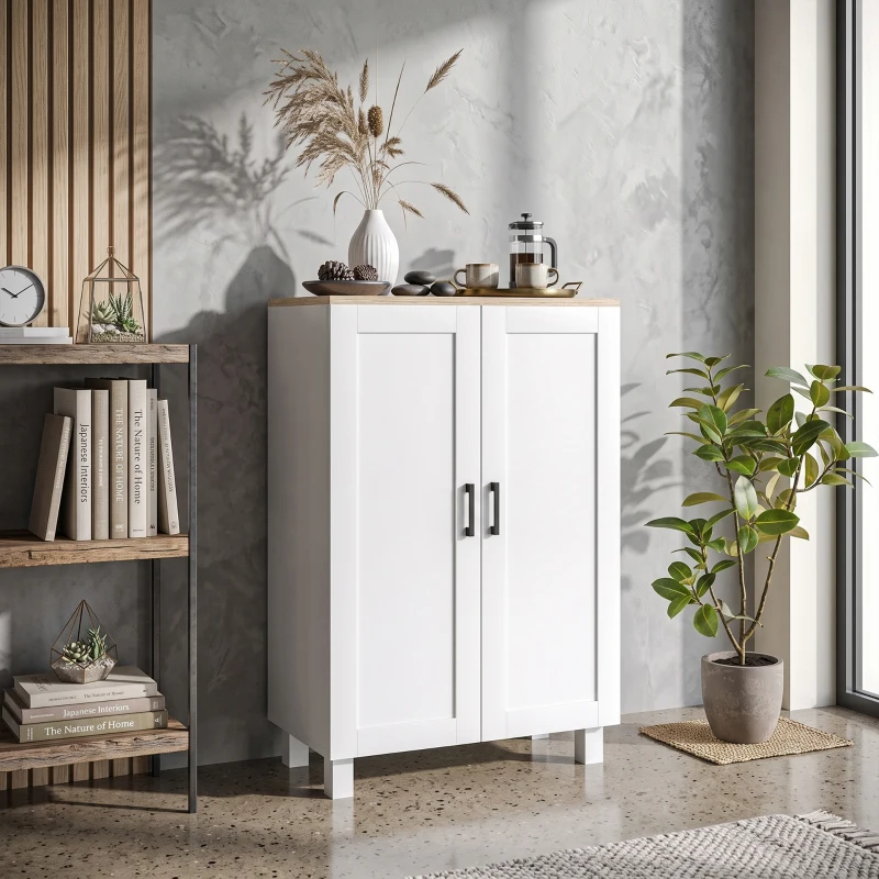 HOMCOM Skandinavischer Küchenschrank mit 2 Türen, höhenverstellbares Regal, erhöhte Basis, 60x30x90 cm, Weiß