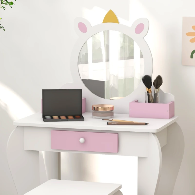 ZONEKIZ Set de Toaletă pentru Fete cu Taburet și Oglindă, Design Unicorn