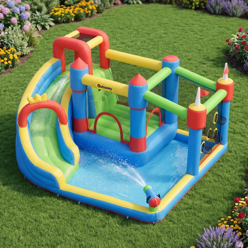 Outsunny Castillo Inflable Infantil con Tobogán Cama de Salto Piscina Muro de Escalada Inflador 390x300x197 cm Multicolor