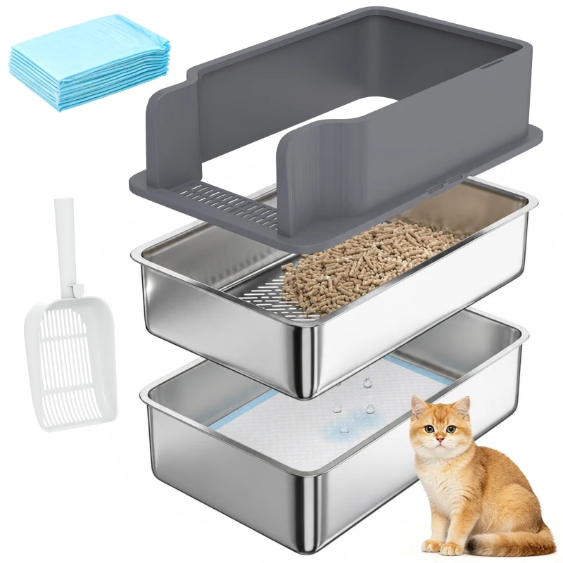 PawHut Katzentoilette aus Edelstahl L mit Siebschale Hoher Rand Schaufel 10 Saugunterlagen Dunkelgrau