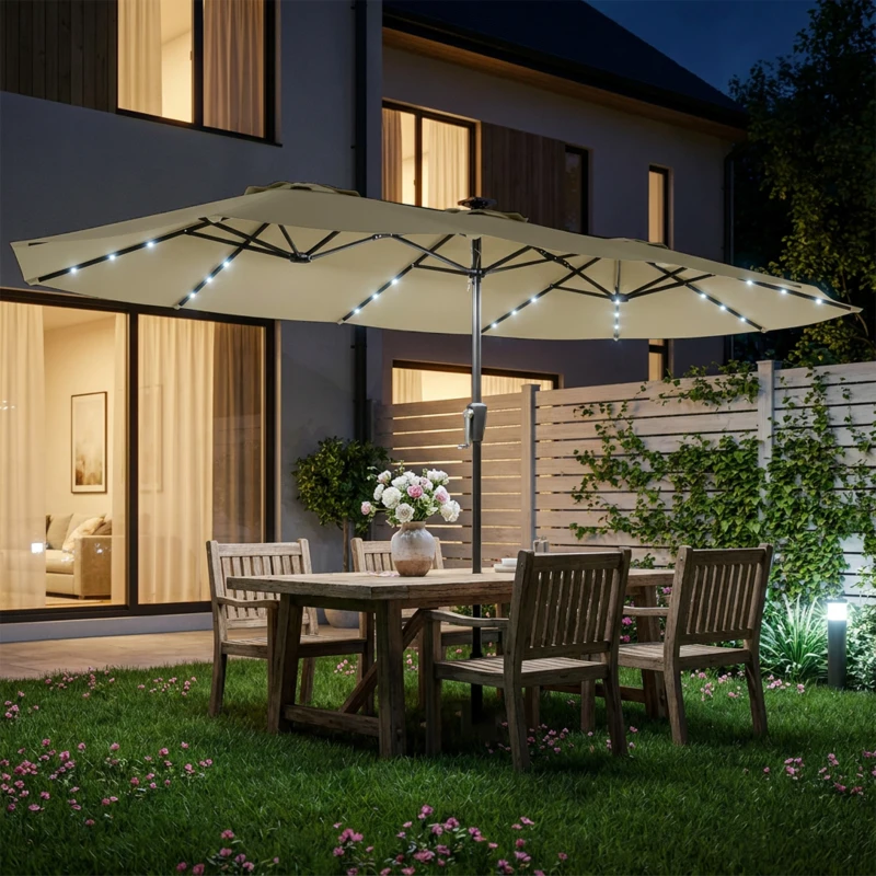 Outsunny Parasol de Jardin Double 36 LED Solaires Rectangulaire UPF 50+ Structure à 12 Baleines avec Manivelle 395x215cm Beige