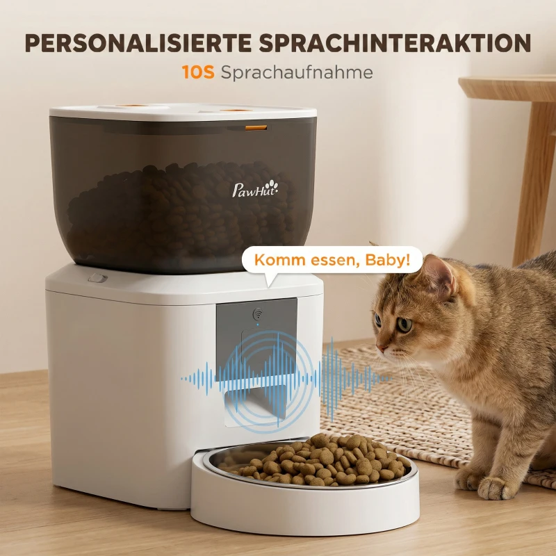 PawHut Automatischer Katzenfutterautomat, 2,4G WLAN, 4L, App-Steuerung, 1–10 Mahlzeiten, 10s Futterruf