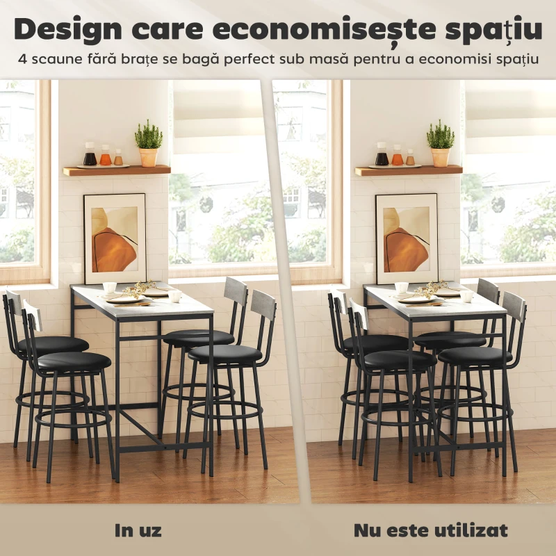 HOMCOM Set masă înaltă și 4 scaune de bar cu spătar și suport pentru picioare, stil industrial, gri ciment