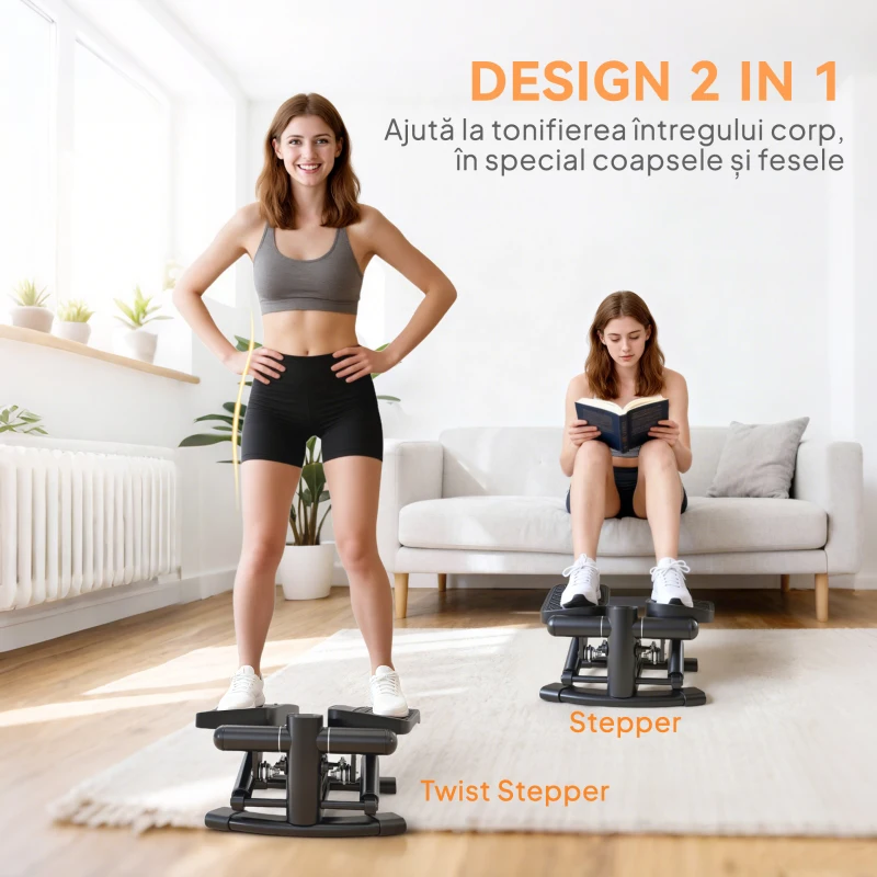 SPORTNOW Stepper Twister 2 în 1 cu Monitor LCD, Pedale Mari și Antiderapante, Capacitate 100 kg, Negru