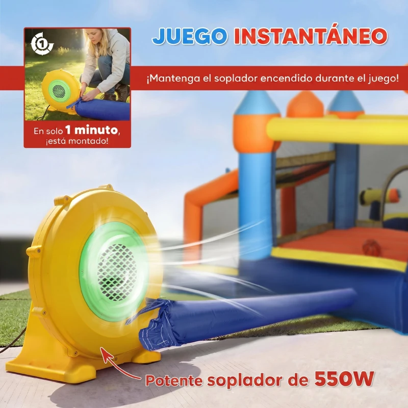 AIYAPLAY Castillo Hinchable Acuático 8 en 1 con Soplador 550W Tobogán Trampolín Escalada Piscina Portería Canasta Lanzamiento