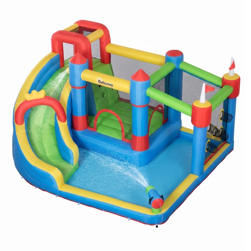 Outsunny Castillo Inflable Infantil con Tobogán Cama de Salto Piscina Muro de Escalada Inflador 390x300x197 cm Multicolor