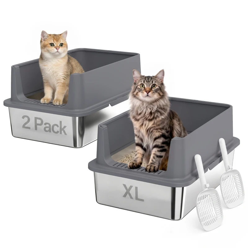 PawHut 2er-Set XL Katzentoilette aus Edelstahl Hoher Rand 2 Schaufeln für große Katzen und mehrere Kätzchen Dunkelgrau