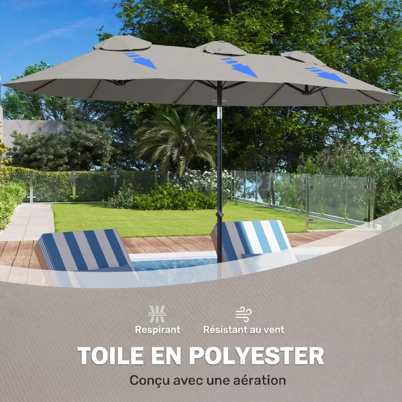 Outsunny Parasol de Jardin Exterieur Inclinable 3 x 1,5 m, Parasol Double Rectangulaire avec Manivelle, Polyester 180 g/m², Gris