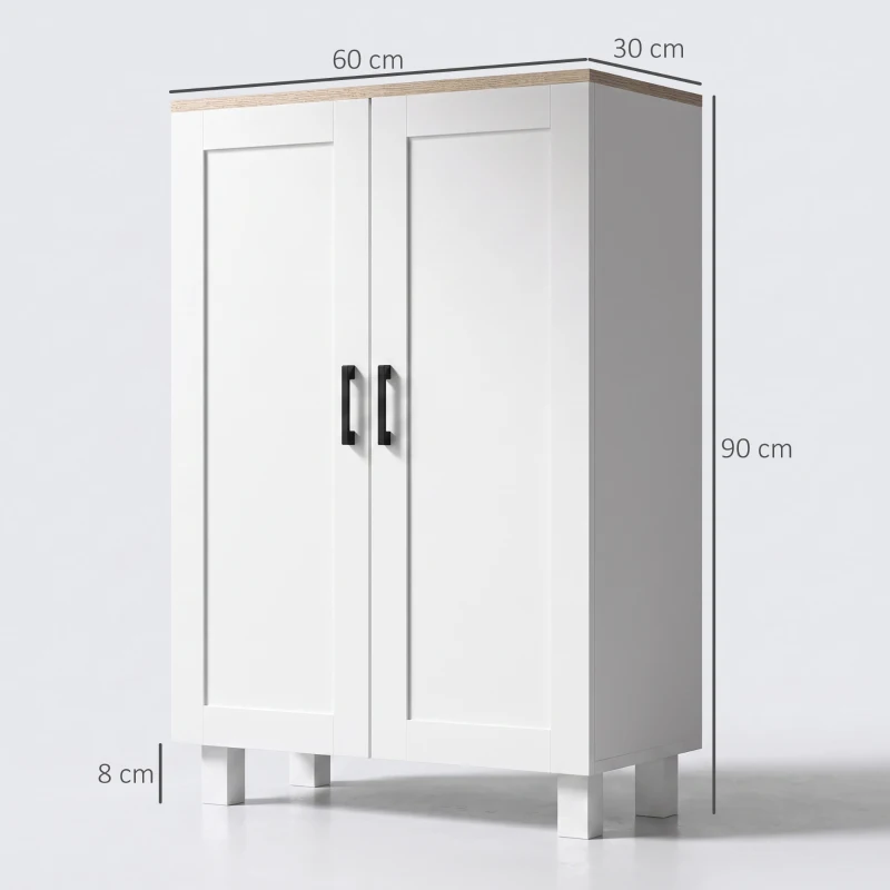 HOMCOM Skandinavischer Küchenschrank mit 2 Türen, höhenverstellbares Regal, erhöhte Basis, 60x30x90 cm, Weiß