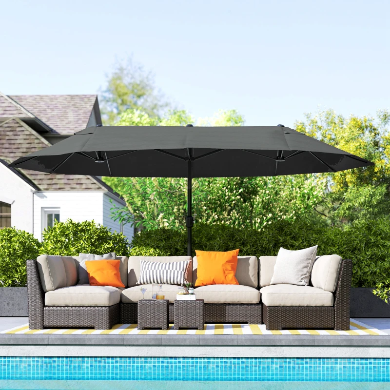 Outsunny Parasol de Jardin Exterieur 4,6 x 2,7 m, Grand Parasol Double Rectangulaire avec Manivelle, Polyester 180 g/m², Gris
