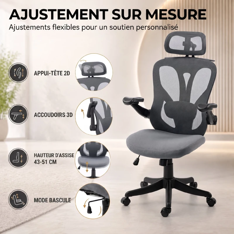 HOMCOM Chaise Bureau Ergonomique avec Accoudoirs 3D et Appui-Tête Réglable, Fauteuil de Bureau en Maille, Gris