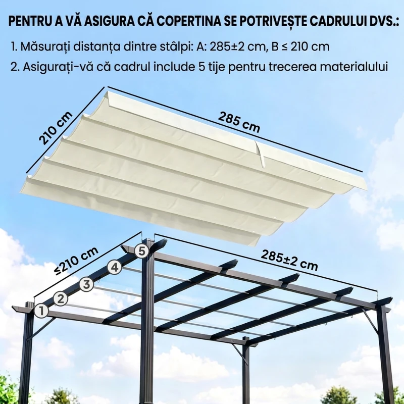 Outsunny Acoperiș Pergola, Acoperire Retractabilă pentru Umbră, Protecție UV30+, Gri Închis