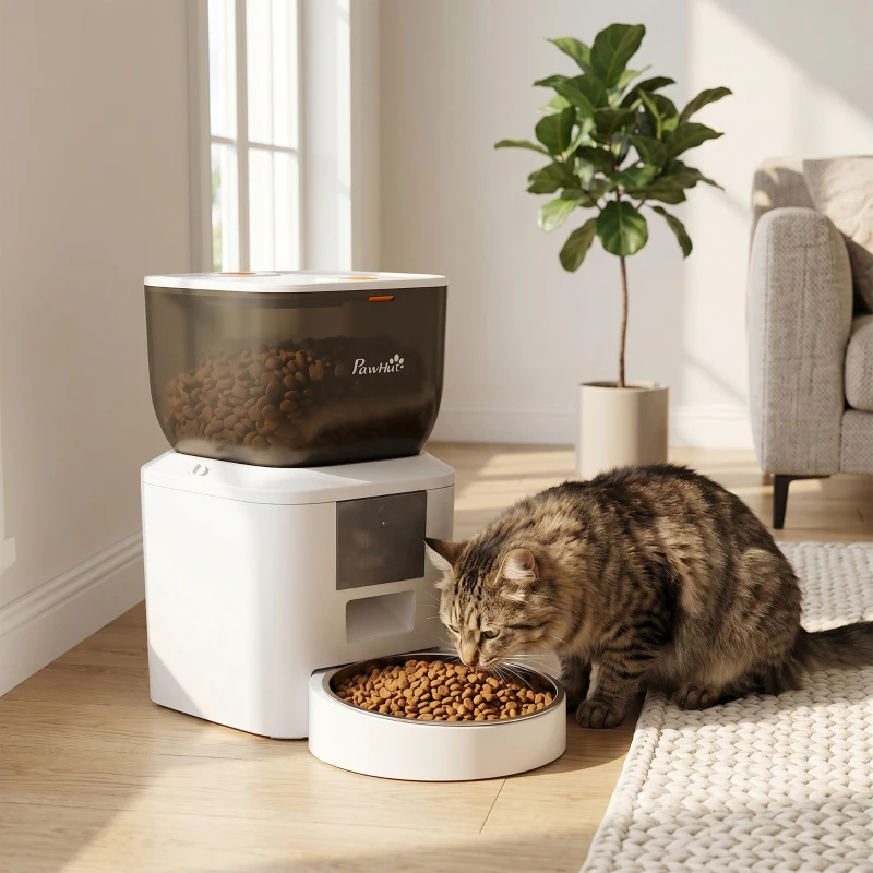 PawHut Automatischer Katzenfutterautomat, 2,4G WLAN, 4L, App-Steuerung, 1–10 Mahlzeiten, 10s Futterruf