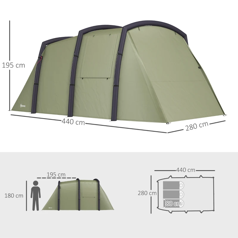 Outsunny Aufblasbares Campingzelt 3-6 Personen Outdoor Tunnelzelt mit Seitenfenstern Tür Luftträger 4,4 x 2,8 x 1,95 m Grün