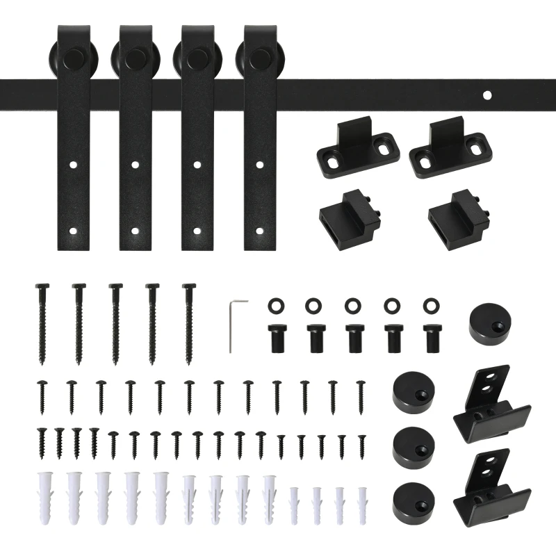HOMCOM Kit Ușă Glisantă cu șine, Opritoare și Ghidaje, 183x0,4x25 cm, Negru