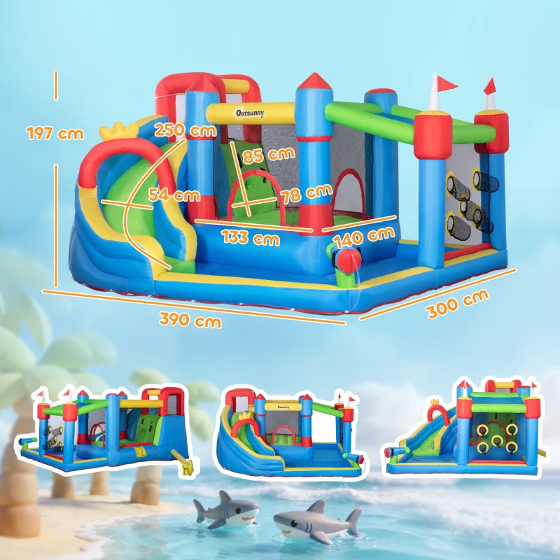 Outsunny Castillo Inflable Infantil con Tobogán Cama de Salto Piscina Muro de Escalada Inflador 390x300x197 cm Multicolor