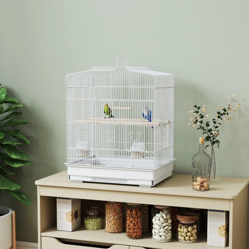 PawHut Vogelkäfig im Vintage-Design für kleine Vogelarten inkl. Zubehör 46,5 x 36 x 59 cm Stahl, Holz, Weiß+Natur
