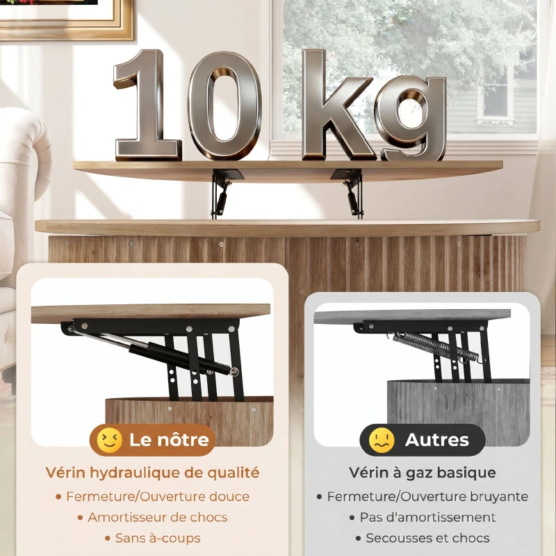 HOMCOM Table basse relevable, table de salon avec compartiment caché et plateau à fermeture douce, bois naturel