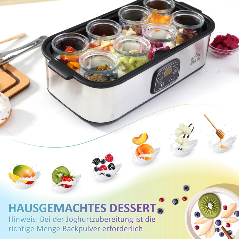 HOMCOM Joghurtbereiter Griechische Joghurtmaschine mit Deckel, 8 BPA-freier Glas-Innenbehälter à 180 ml, Joghurt Maker mit LCD Display Timer, für bis zu 1,4 Liter Joghurt 25 W Silber