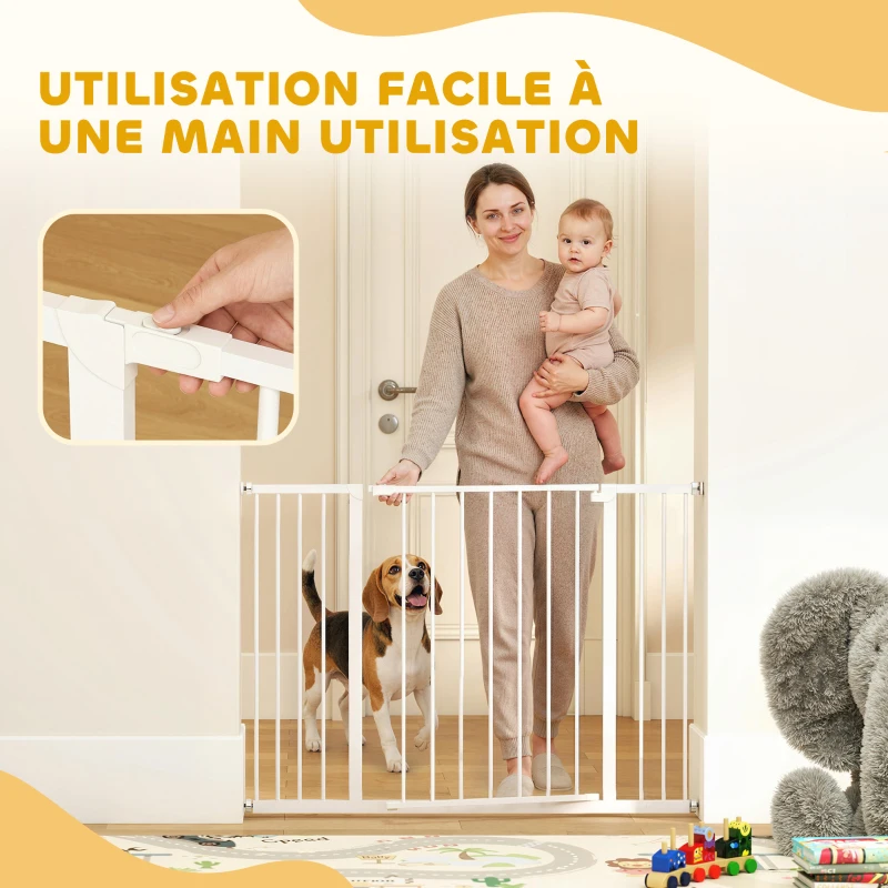 PawHut Barrière de Sécurité Chien Réglable 76-107 cm, avec 2 Rallonges (10/15 cm), Ouverture d'une Main, sans Perçage, Blanc