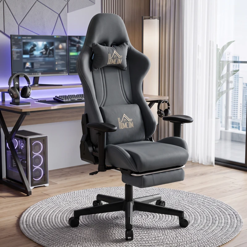 HOMCOM Ergonomischer Gaming-Stuhl mit 3D-Armlehnen, verstellbar, rollbarer Schreibtischstuhl mit Lendenstütze, Grau