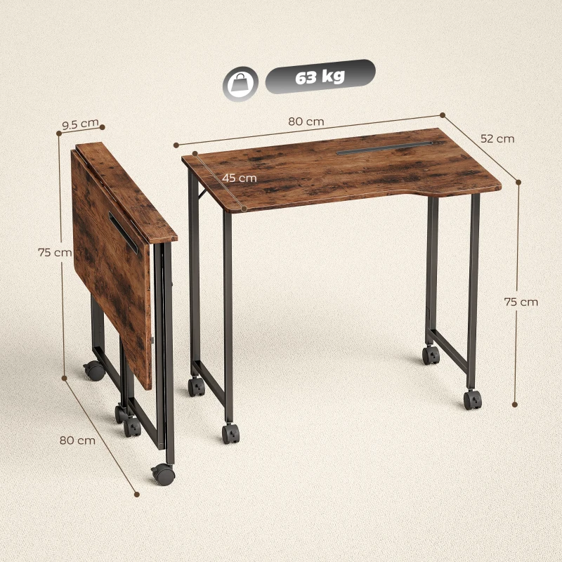HOMCOM Birou Pliant 80 x 52 cm, Birou pentru calculator pe roți cu șliț pentru dispozitiv, montaj ușor, maro