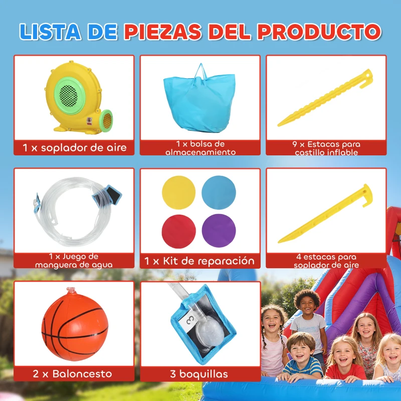 AIYAPLAY Castillo Hinchable Acuático con Soplador 550W Tobogán Pared de Escalada Piscina Aro de Baloncesto Portería de Fútbol