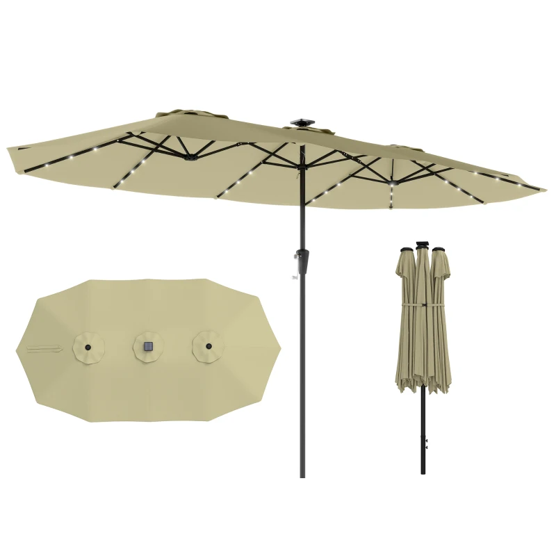 Outsunny Parasol de Jardin Double 36 LED Solaires Rectangulaire UPF 50+ Structure à 12 Baleines avec Manivelle 395x215cm Beige