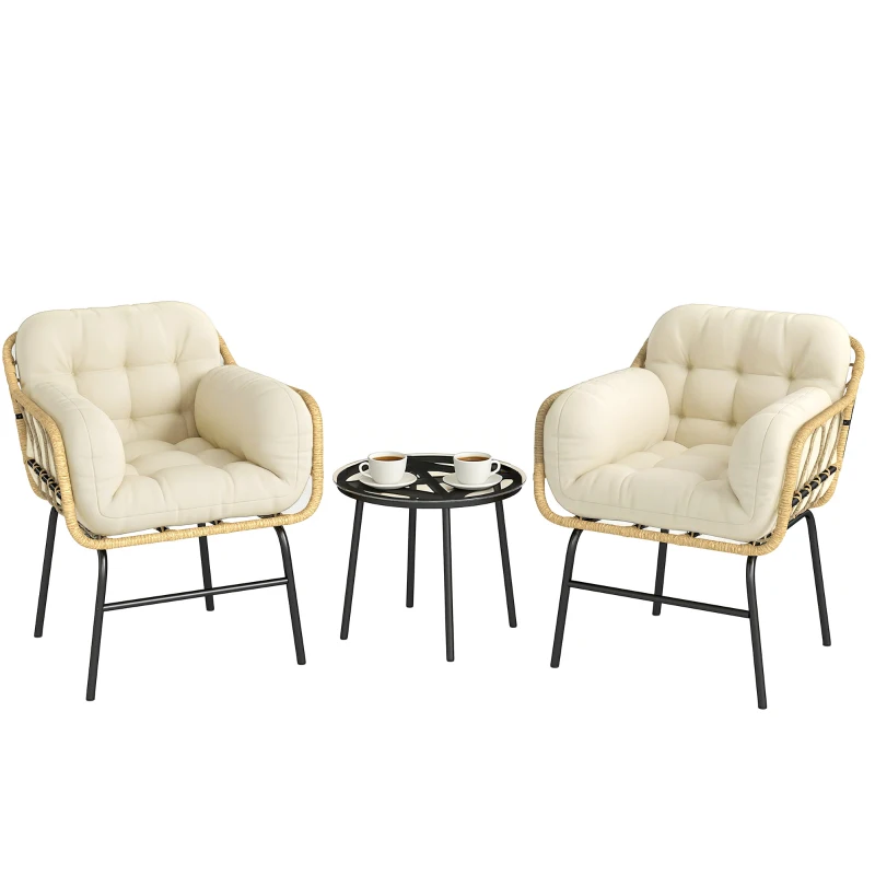 Outsunny Salon de Jardin Extérieur 3 Pièces en Résine Tressée, Table en Verre Trempé, 2 Fauteuils avec Coussins, 62x73x79cm, Crème