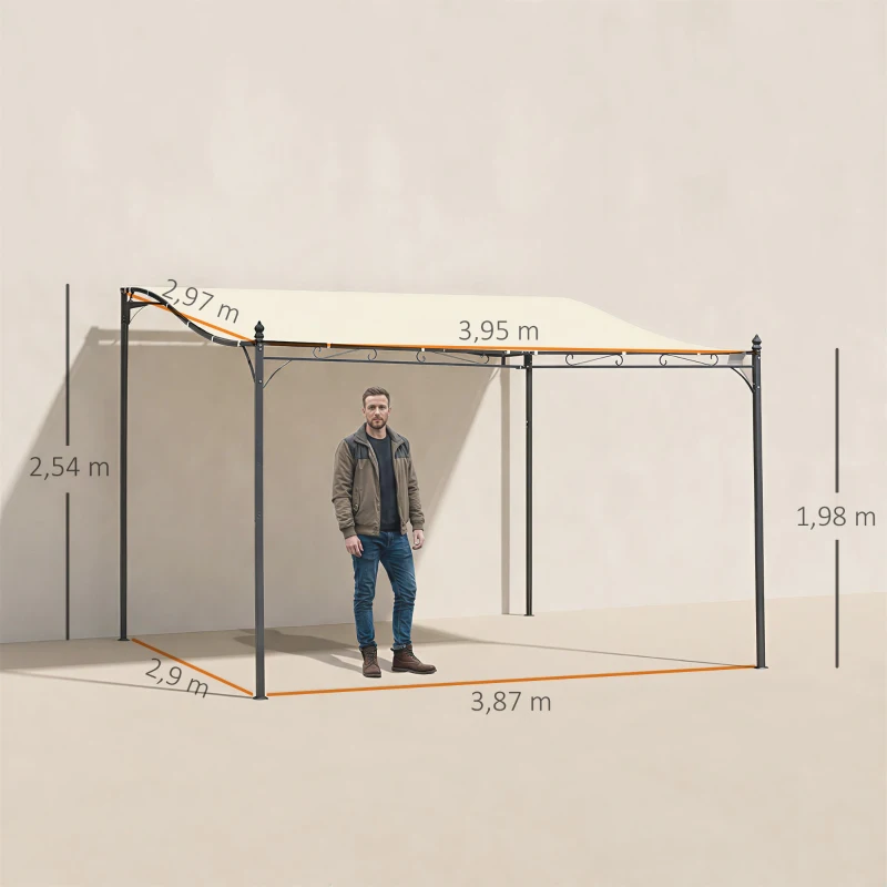 Outsunny  Cenador de Jardín 4x3 m Pérgola Montado en Pared con Toldo y 16 Orificios de Drenaje Marco de Metal y Poliéster 180 g/m² para Patio Terraza Crema