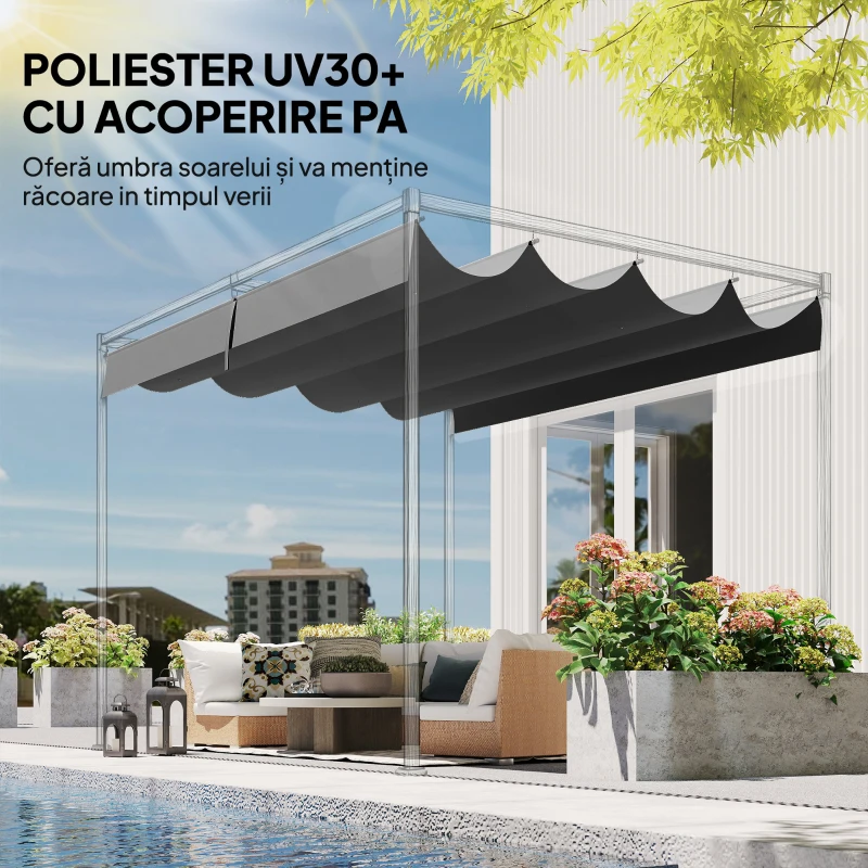 Outsunny Acoperiș pentru Pergolă cu 8 Orificii pentru Drenaj, Husă de Schimb din Poliester Respirabil, Doar Acoperire, 392x350 cm, UV30+, pentru Pergolă de Grădină 4x3m, Gri Închis
