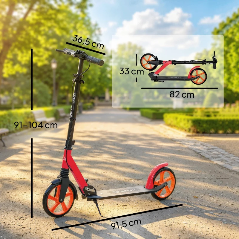 HOMCOM Patinete Plegable para Adultos y Niños de +14 Años Scooter con Manillar Ajustable 91,5x36,5x91-104 cm Rojo