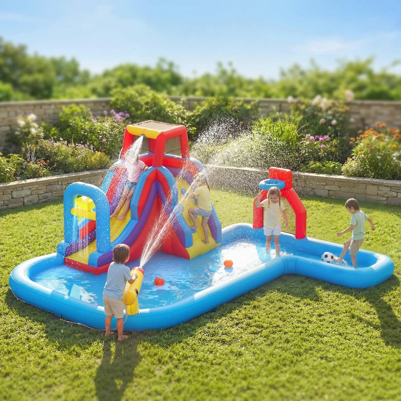 AIYAPLAY Castillo Hinchable Acuático con Soplador 550W Tobogán Pared de Escalada Piscina Aro de Baloncesto Portería de Fútbol