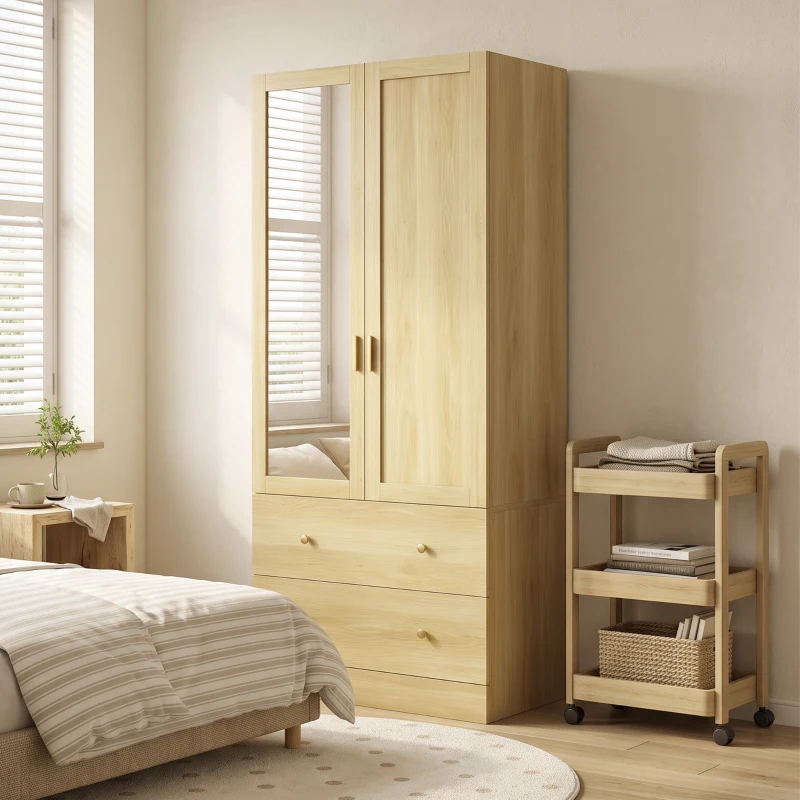 HOMCOM Armario de Dormitorio con Espejo 2 Puertas 2 Cajones y Barra para Colgar 80x50x180 cm Roble