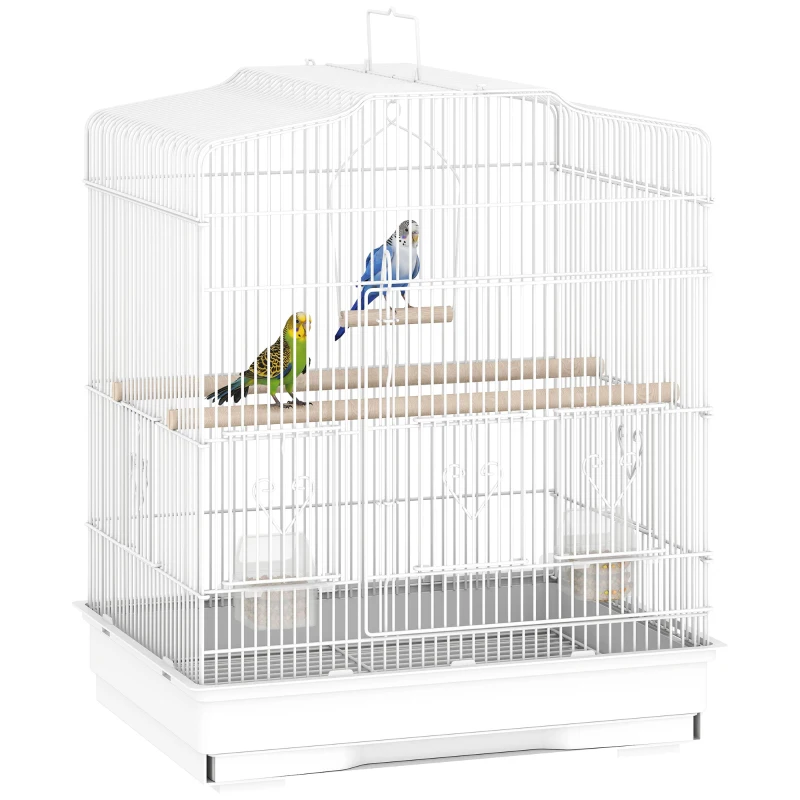 PawHut Vogelkäfig im Vintage-Design für kleine Vogelarten inkl. Zubehör 46,5 x 36 x 59 cm Stahl, Holz, Weiß+Natur
