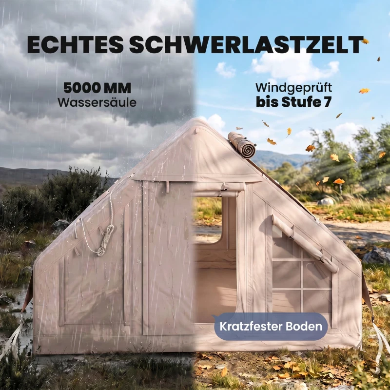 Outsunny Aufblasbares Zelt 5-8 Personen Schneller Aufbau 5000 mm Wasserdicht & Winddicht mit Luftpumpe Kaminöffnung Dachfenster